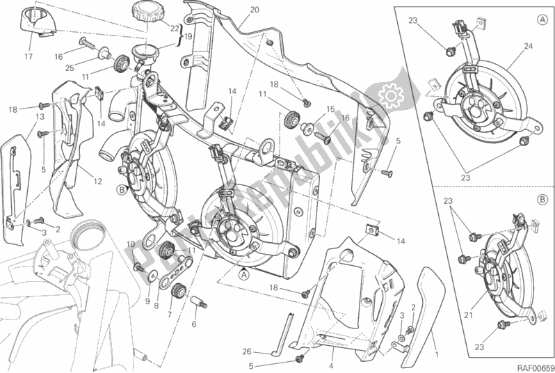 Alle onderdelen voor de Waterkoeler van de Ducati Monster 1200 25 TH Anniversario USA 2019